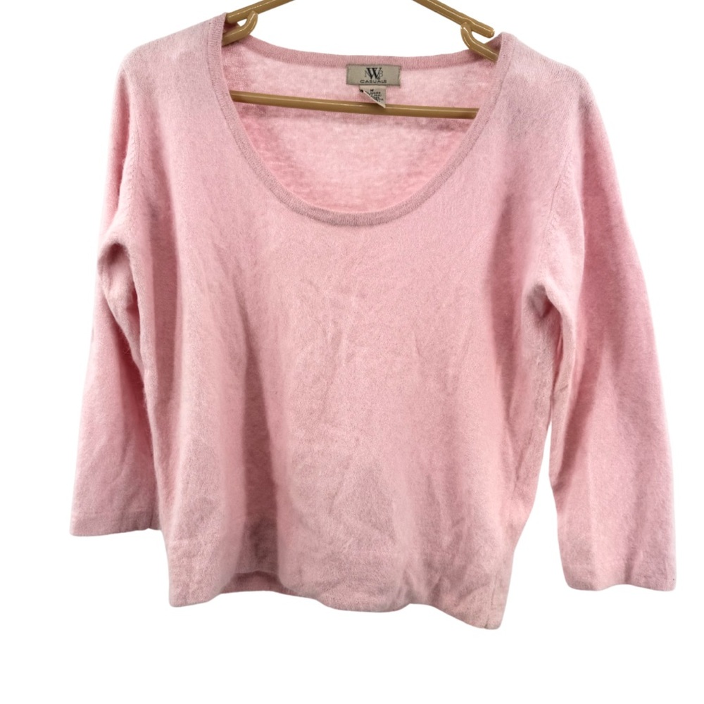 Women's Baby Pink angora Sweater 3/4 sleeve scoop neck cropped M spring rabbit